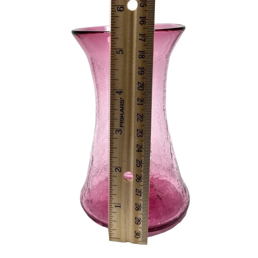 Vtg 90s Pink Crackle Glass Pitcher Vase 5.5